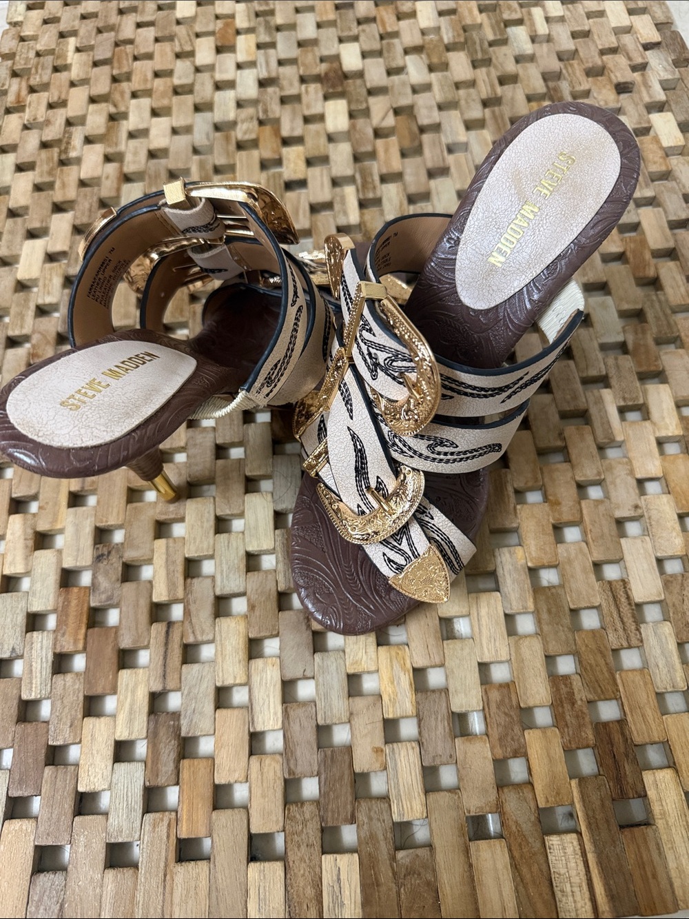 Steve Madden Brown and Cream Strappy Heeled Mules with Gold Buckle Accents